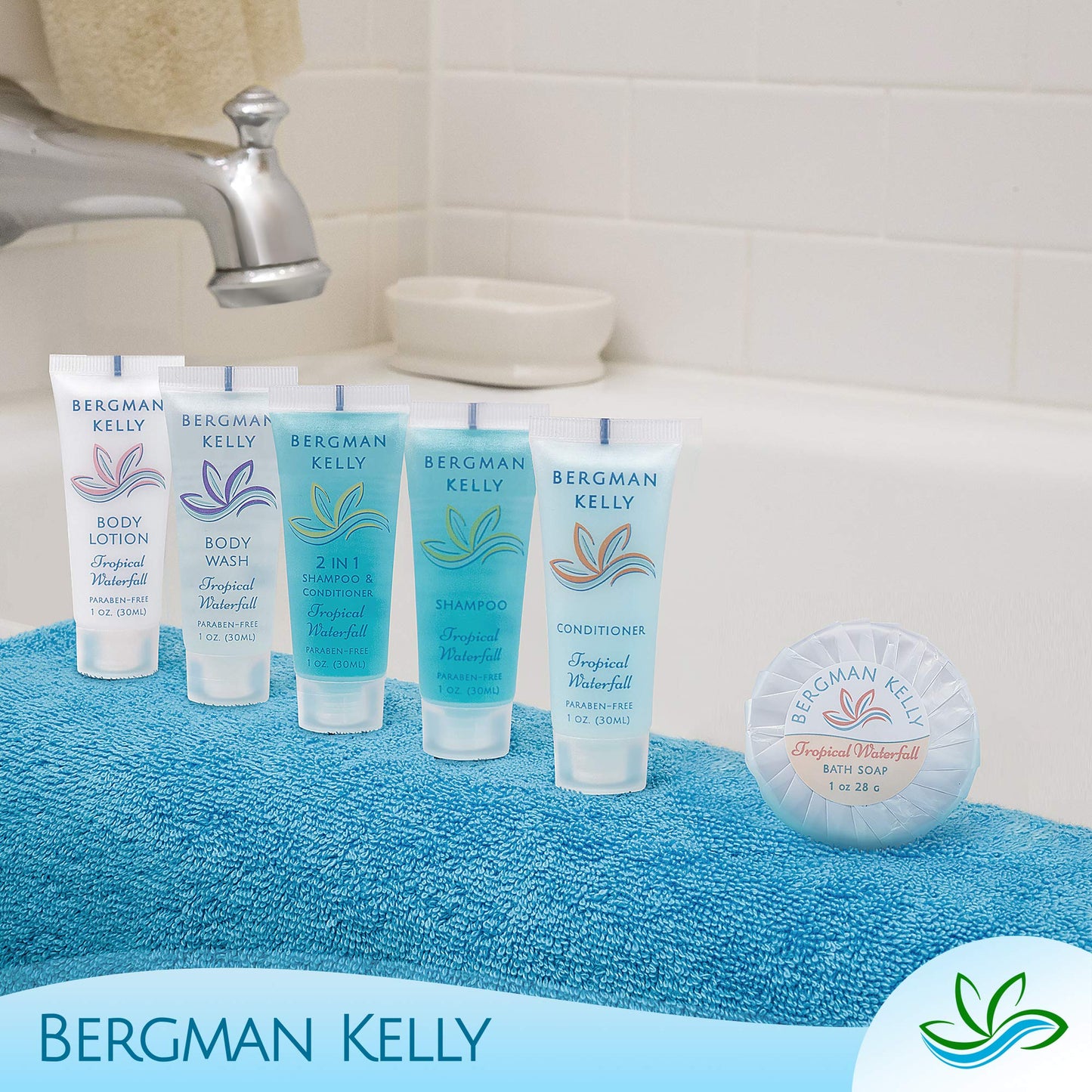 Bergman Kelly - Hotel Toiletries Bundle - Tropical Waterfall, 1 oz each, 100 Pcs - 4-Piece Set: 25 Rectangular Bar Soap, 25 Shampoo, 25 Conditioner & 25 Body Lotion - Bulk Mini Guest Amenities Supply