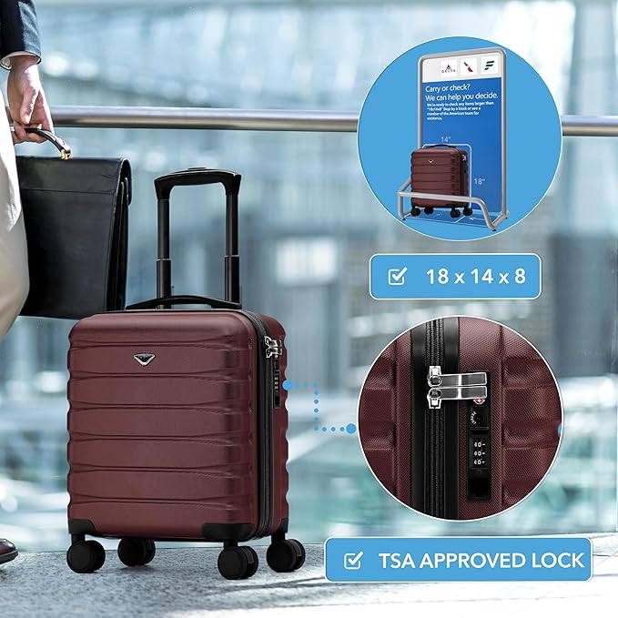 Carry On Suitcase Hardside Built In TSA Lock & USB Port Silent Double Spinner Wheels Maximum Underseat Carry-On Bag For American & United Approved Airlines( 18x14x8" ,Burgundy )