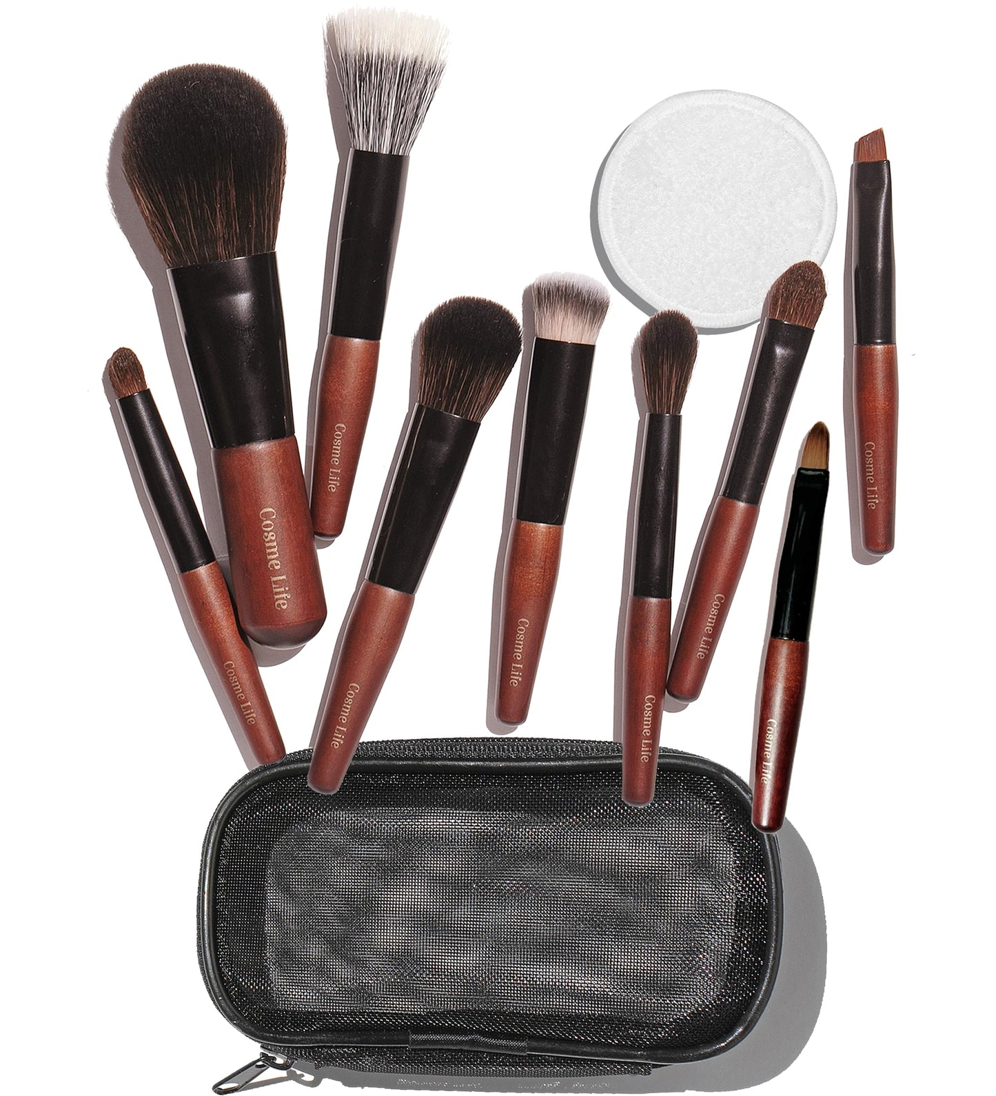 Cosme 9 FULL FACE MINI TRAVEL Make Up Brush Set: Powder, Concealer, Blush, Eyeshadow, Eyeliner, Brow Makeup Brushes Set in Synthetic & Natural Hair Make up Brush Set + Case for Work, Vacation, School
