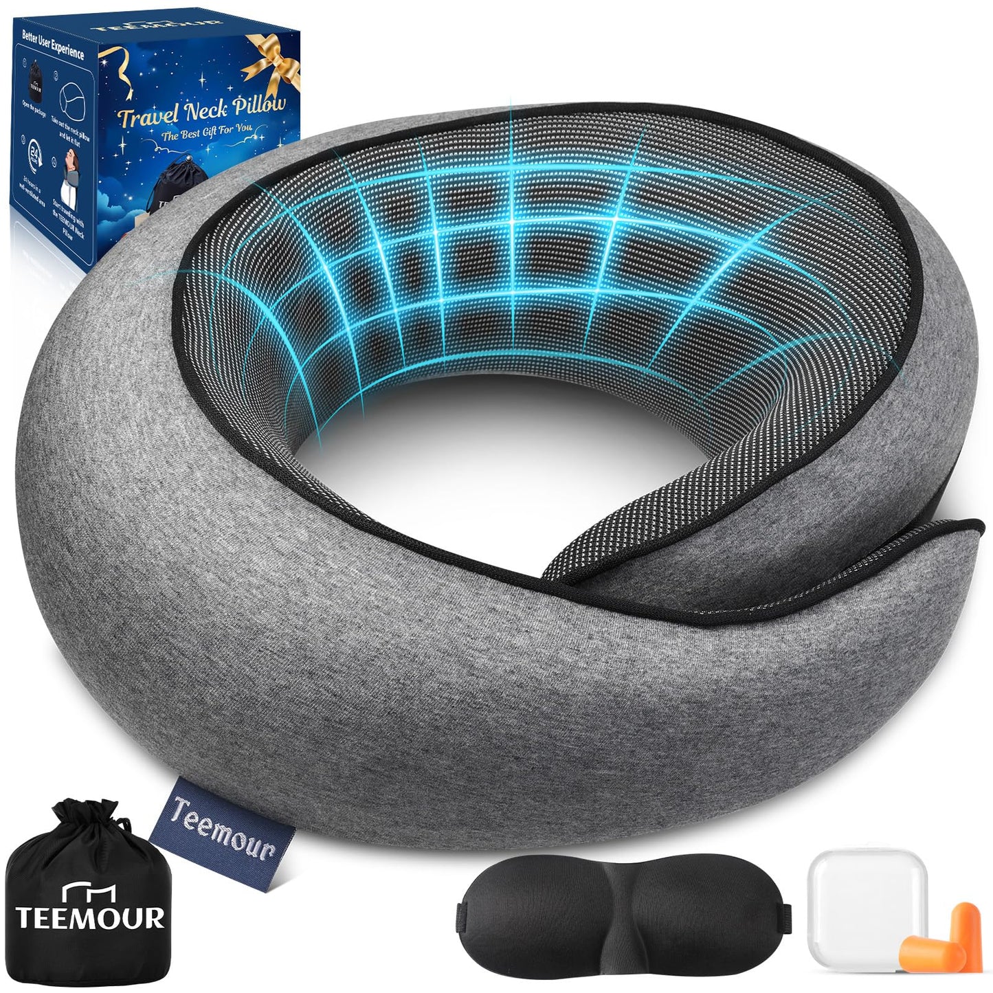 Neck Pillow for Airplane Travel Memory Foam Neck Travel Pillow with Eye Mask & Ear Plugs, Portable Carry Bag for The Comfort of Travel & Office, Travel Pillow for Plane, Car, Home, Work, Dark Grey