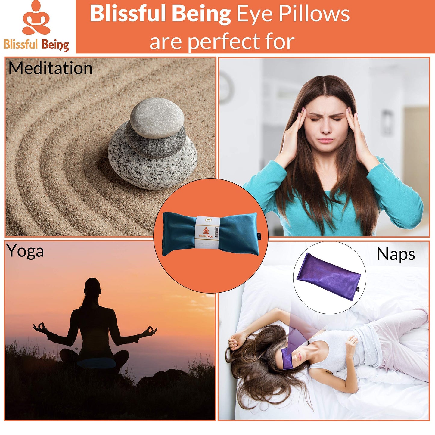 Blissful Being Lavender Eye Pillow | Hot or Cold Weighted Satin Eye Mask Perfect for Sleeping, Yoga, Meditation | Gifts for Women, Birthday, Teachers | Natural Herbal Relaxation | Made in USA (Aqua)
