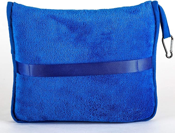 BlueHills Premium Soft Travel Blanket Pillow Airplane Blanket Packed in Soft Bag Pillowcase with Hand Luggage Belt and Backpack Clip, Compact Pack Large Plush for Any Travel (Royal Blue T003)