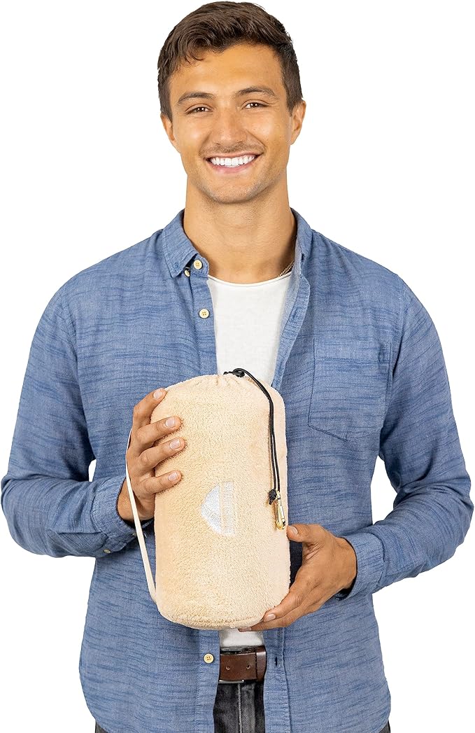 BlueHills Travel Blanket Pillow Rolled Premium Soft Plush Airplane Throw Traveler Essentials Gift Compact in a Bag 70X48 inches Long Car Plane Flight Portable Beige R06