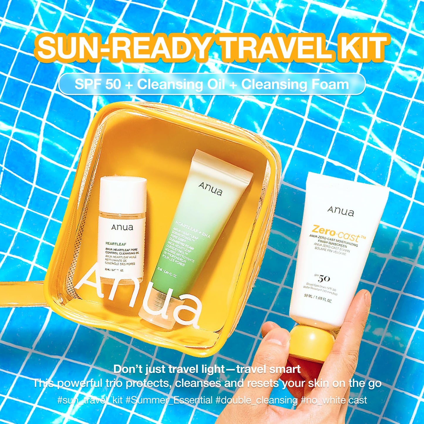 Anua Sun-Ready Travel Kit, Zero-Cast Sunscreen & Cleansing oil & Face Wash. Korean Sunscreen with Mini Size Double Cleansing routine ,Korean Skincare Set