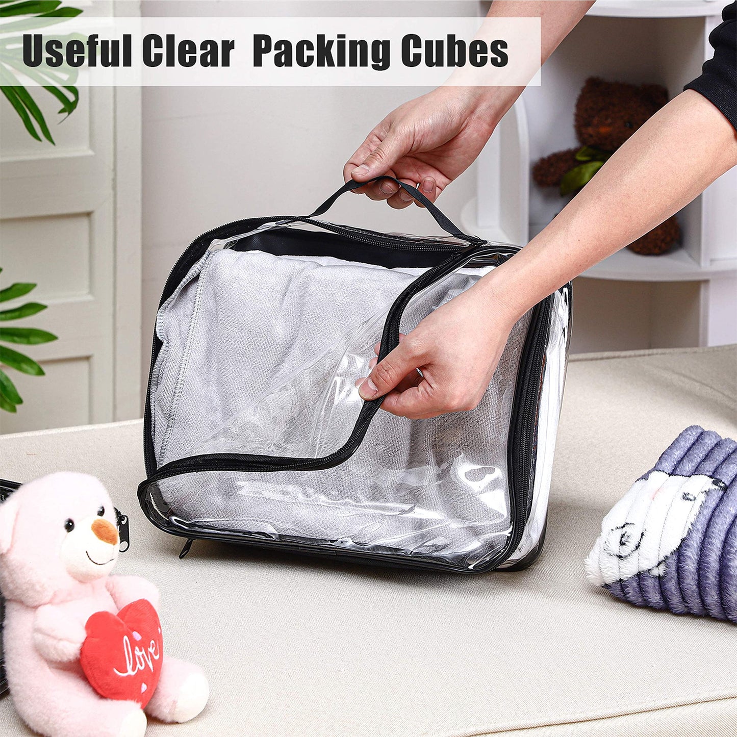 6 Pieces Large Clear Travel Packing Cube Clear Vinyl Zippered Storage Bags See Through Moving Bag PVC Multipurpose Pouch with Handle for Suitcase Shirts Dress Storage (Black, 11.8 x 10.2 x 3.9 Inch)
