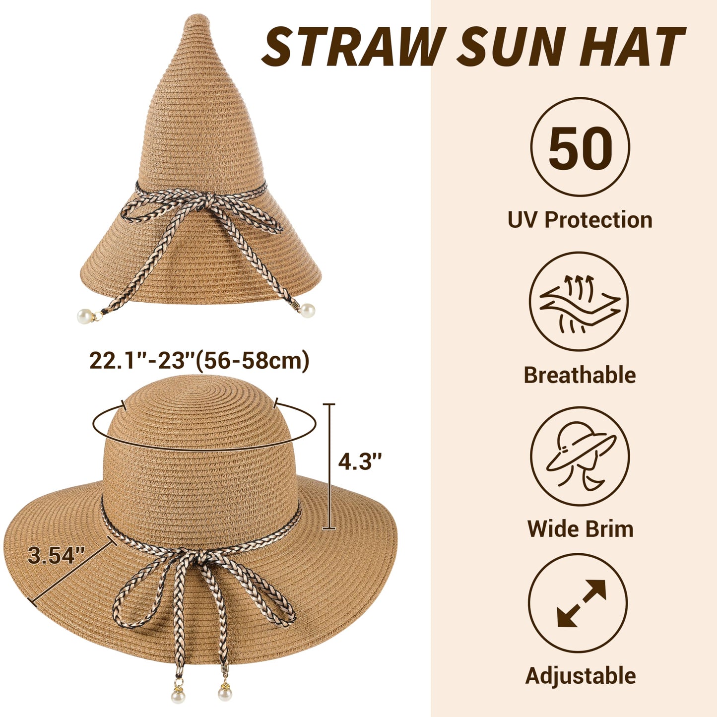 Womens Beach Sun Straw Hat - UV Protection UPF 50+ Sun Hats for Women with Wide Brim, Foldable Floppy Straw Beach Hat for Women
