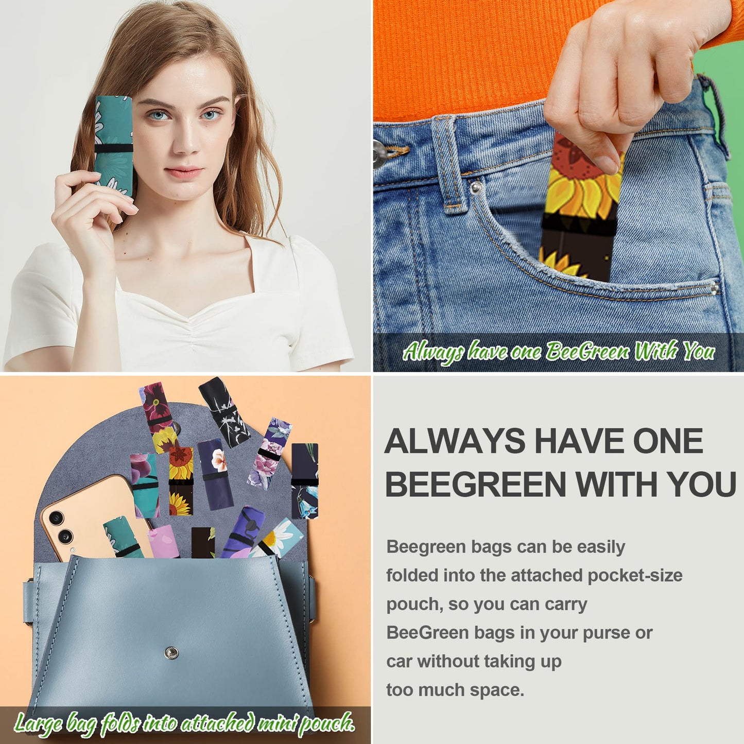 BeeGreen Large Flower Tote Bag - 12 Pack Heavy Duty Reusable Grocery Bags and Foldable Shopping Bags for Groceries, Cute Travel Reusable Gifts,Lightweight Washable Cloth Bag With Handles for Women