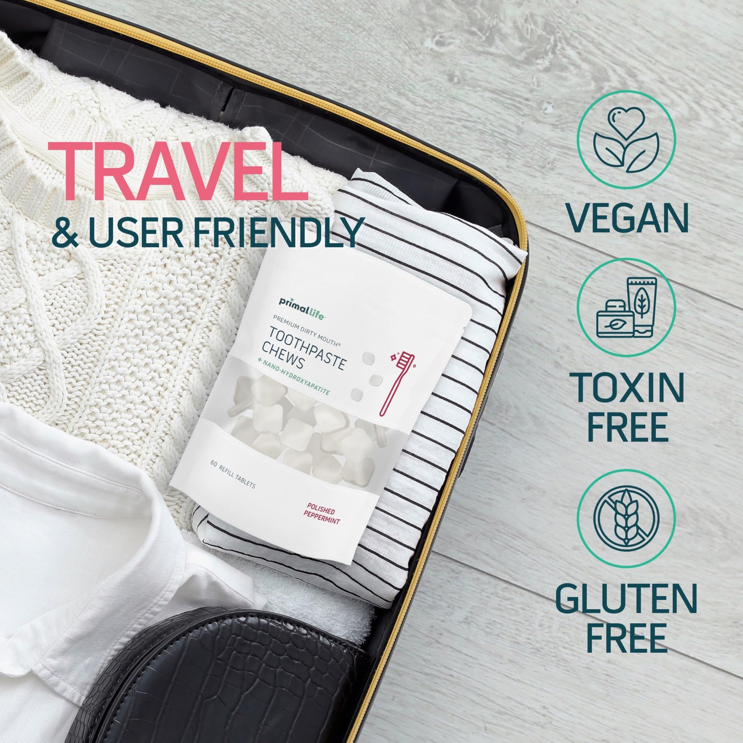 Primal Life Organics Premium Dirty Mouth Toothpaste Chews – Nano-Hydroxyapatite Whitening Toothpaste Tablets for Adults - Gluten Free, Vegan, Paleo - 60 Tablets in Bag - Polished Peppermint