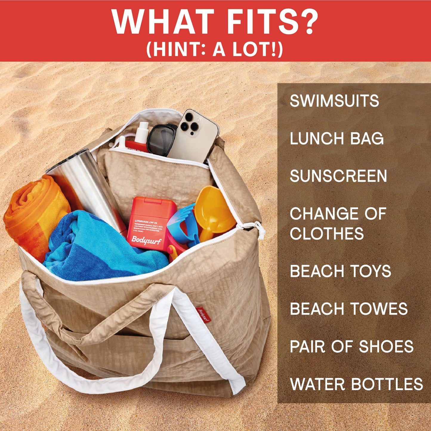 Bodysurf Beach Bags Waterproof Sandproof, Foldable & Packable Tote with Zipper for Travel, Vacation, Cruise, Boat, Swim - Oversized, Durable Ripstop Nylon Material for Family Use - XL, 17 x 25 x 10 in