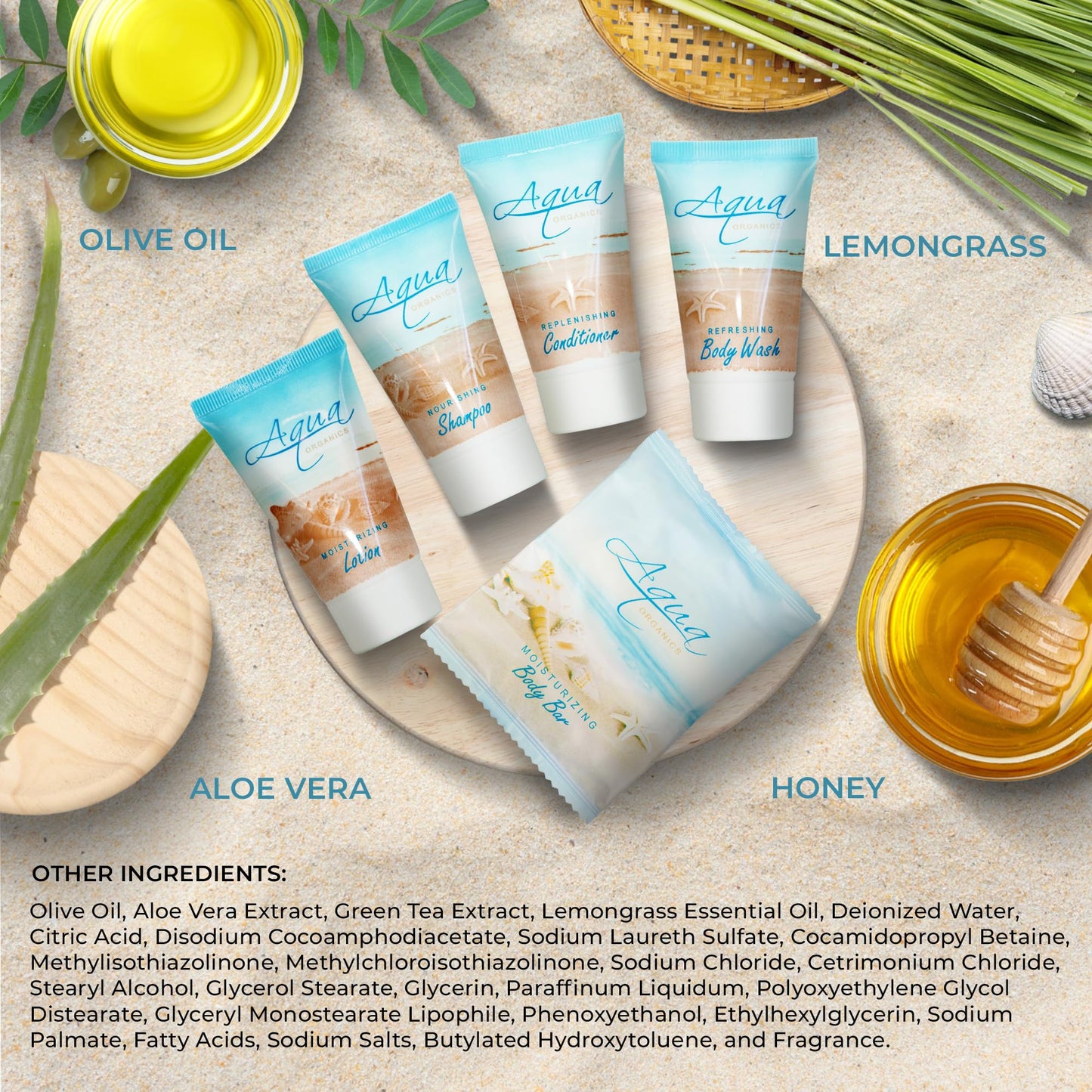 Aqua Organics Hotel Soaps & Toiletries Bulk Set | 1-Shoppe Amenities Kit | 1oz Shampoo & Conditioner, Body Wash, Lotion, 1oz Bar Soap | Travel Size | 75 Pieces