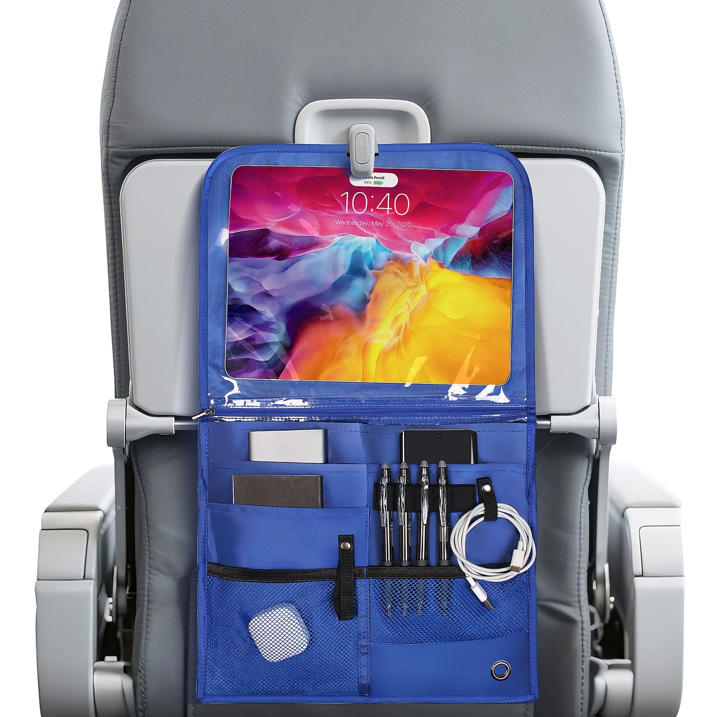 Airplane Pocket Organizer with Tray Table Cover,Portable In Flight Seat Back Organizer & Storage Bag, Commuter Essential Travel Bag Travel Accessories for Flying,Blue (Blue)