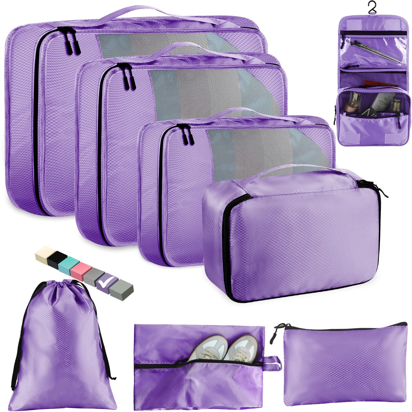 Toncoke 8-Piece Packing Cubes for Travel, Mesh Luggage Organizers with Shoe Bag, Toiletry Bag, Laundry Pouches, 4 Sizes (XL/L/M/S) for Suitcase Organization, Men Women Kids, Purple