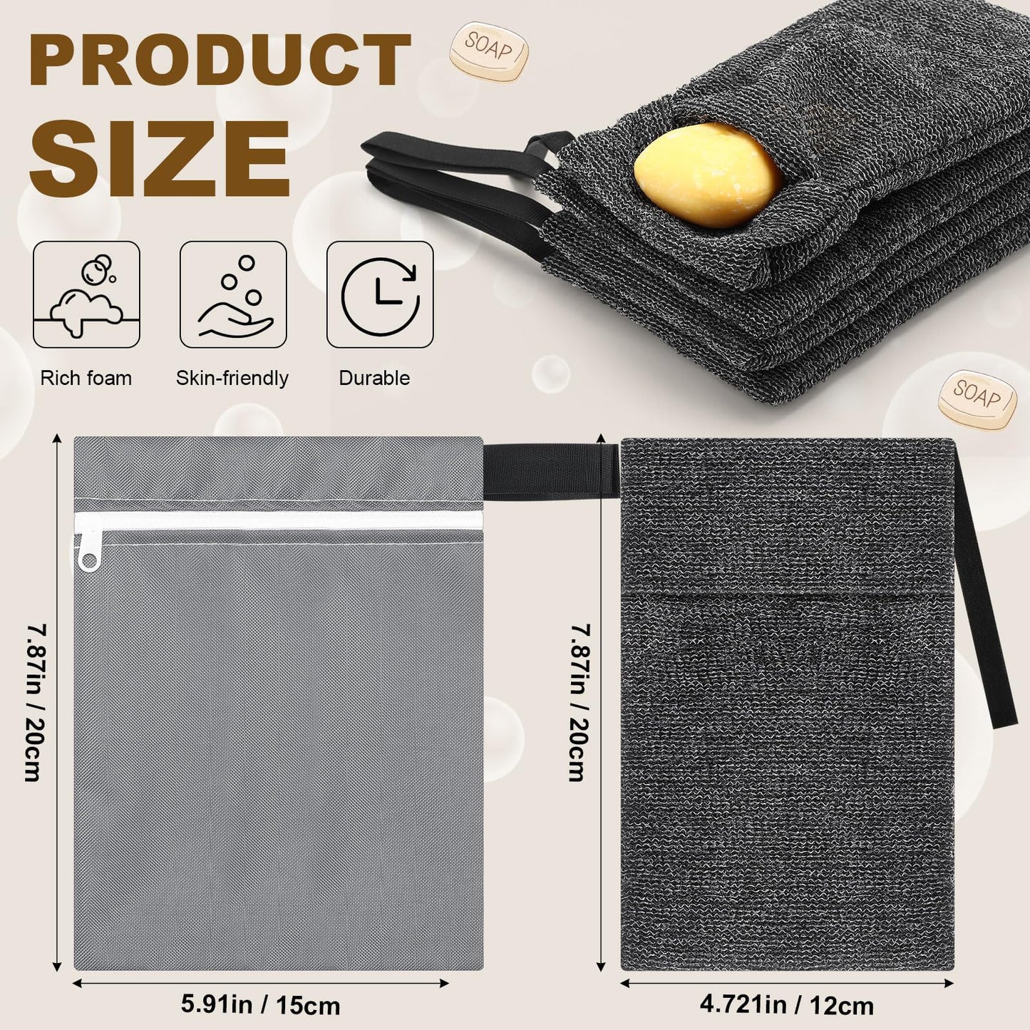 Reallnaive 8 Pcs Travel Soap Bar Bag Set, 4 Waterproof & Leakproof Soap Dish Case 4 Foaming Nets Multifunctional Toiletry Shower Gym Essentials Quick Dry Pouch for Camping Enthusiasts(Gray)