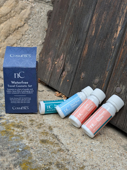 NanoSPACE Waterless Travel Toiletry Set, TSA Compliant, Includes Powder Shampoo, Toothpaste Tablets, Mouthwash Tablets, Soap Tablets