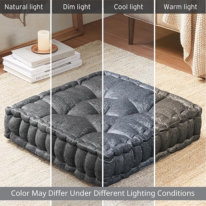Intelligent Design Azza Floor Pillow, Large Cushions Sitting for Adults, Floor Pillow for Meditation or Yoga, Lustrous Chenille Tufted with Scalloped Edges for Bench/Chair Cushion, 20"x20"x5" Charcoal