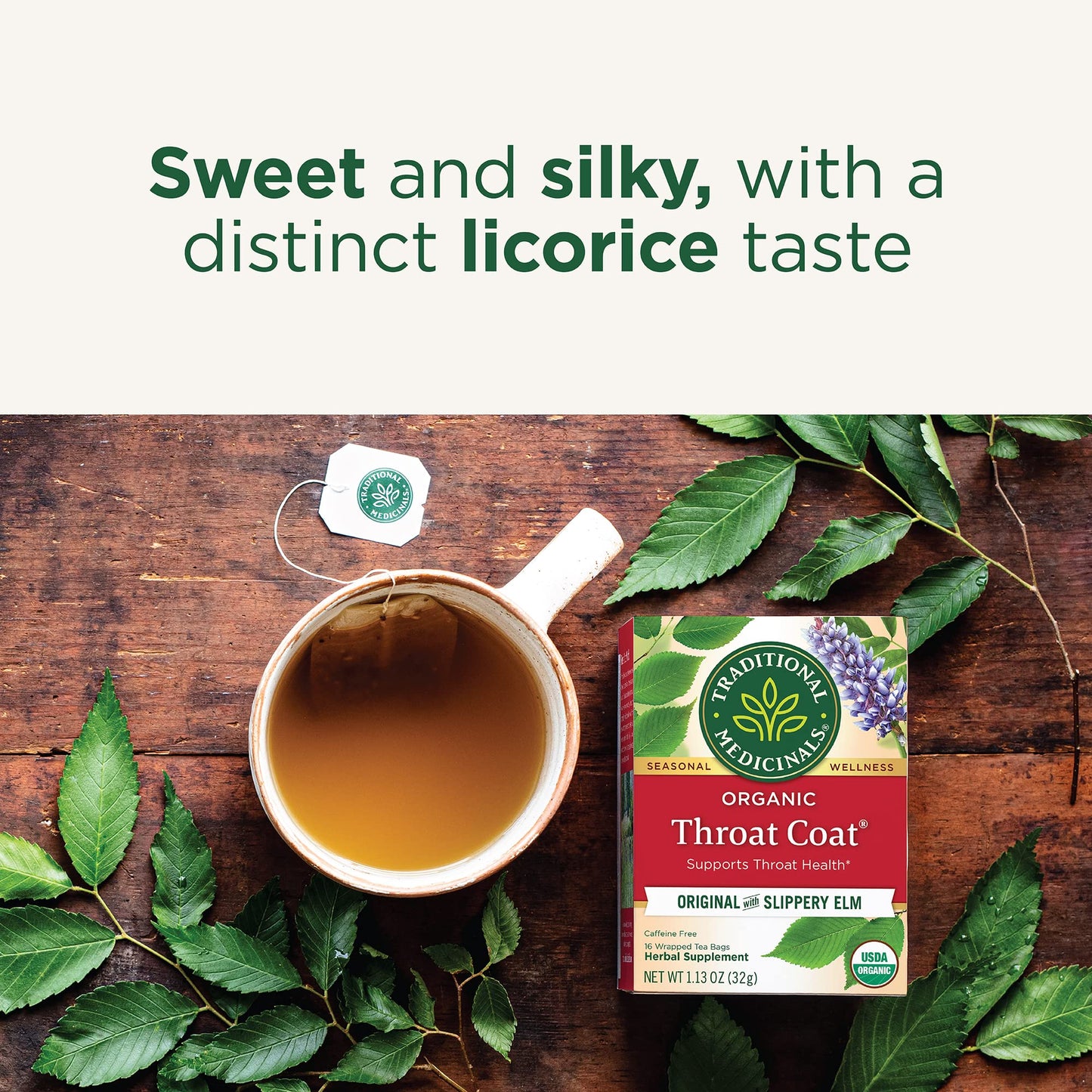 Traditional Medicinals Organic, Throat Coat Tea, Original with Slippery Elm - Supports Throat Health - Kosher, Non-GMO, Caffeine-Free, Compostable - 16 Tea Bags