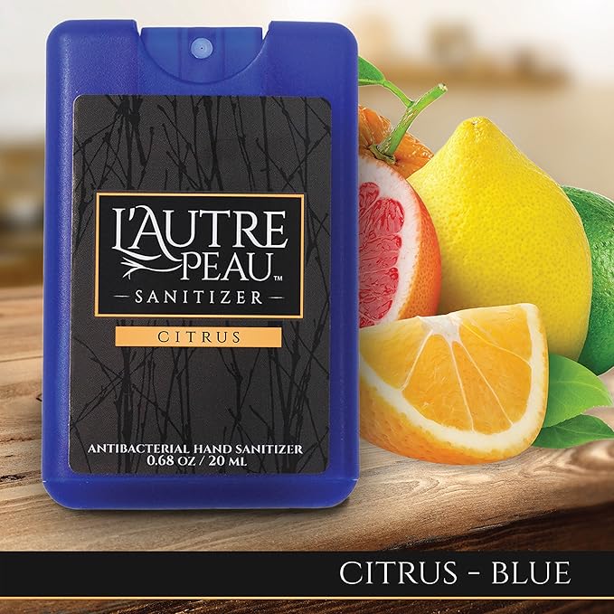 Antibacterial Travel Hand Sanitizer Spray with Aloe Vera by L’AUTRE PEAU - Unique Flat Credit Card Shape - Citrus Scented Mini Pocket Size (4 Pack - 20ML, Frost,Black,Red,Blue)