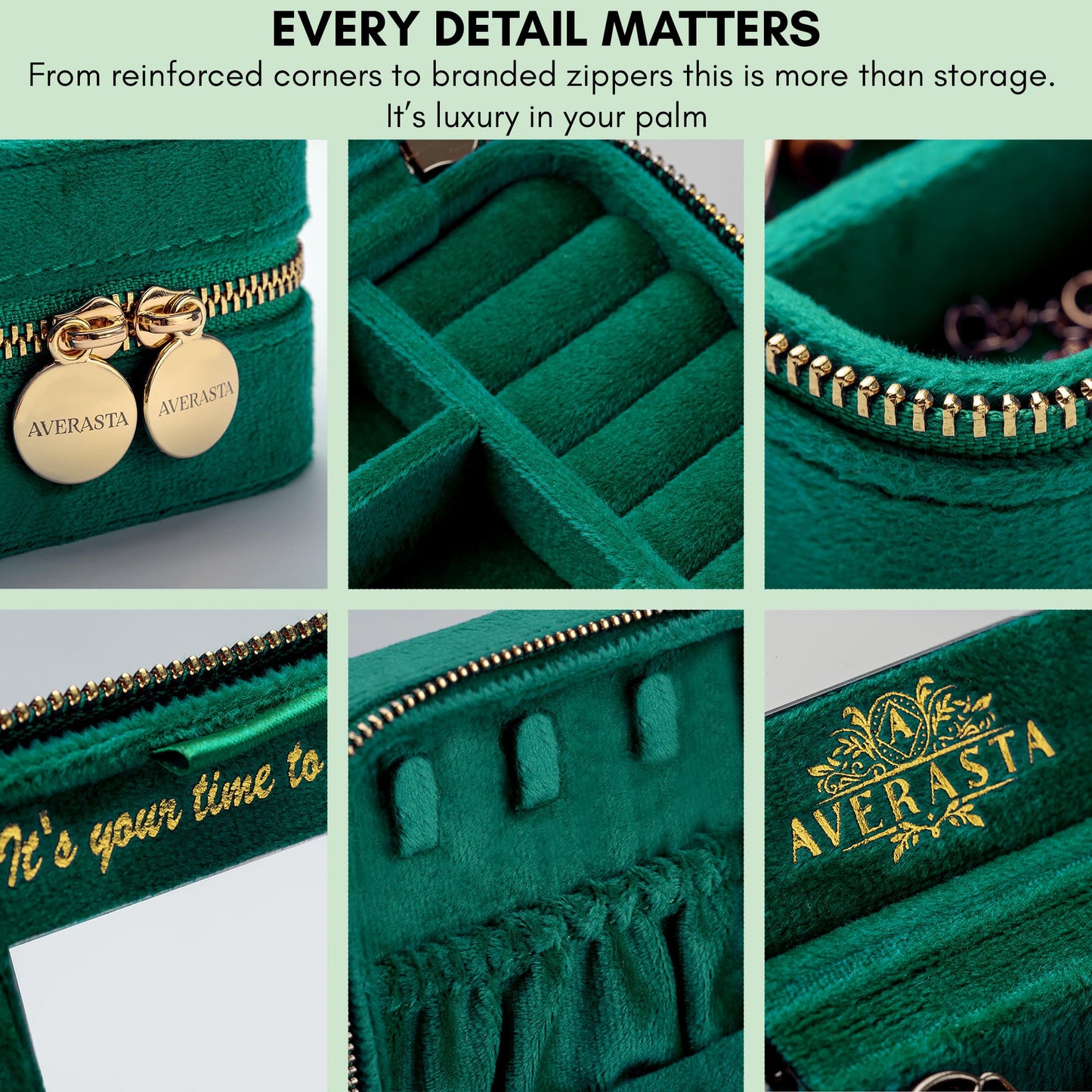 AVERASTA Luxury Velvet Jewelry Box - Travel Jewelry Box - Travel Jewelry Case Organizer with Mirror - Gifts for Women, Mom, Wife, Girlfriend, Her – Emerald Green