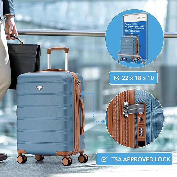Carry On Suitcase Hardside TSA Lock & USB Port Silent Double Spinner Wheels Maximum Overhead Carry-On Bag Approved For Many Airlines( 22x18x10" ,Blue/Tan )