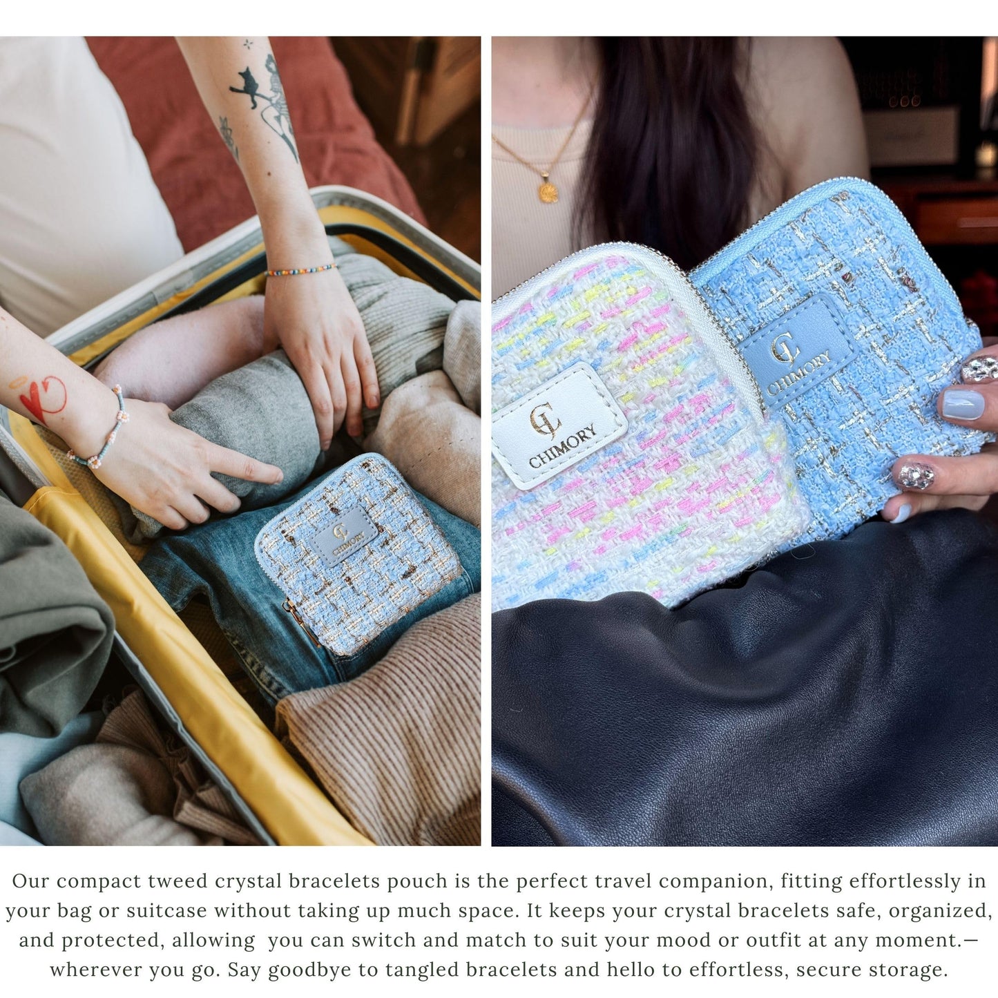 2025 New Travel Jewelry Case – Jewelry Organizer Travel for Rings, Bracelets, & Bangles with Smooth Metal Zipper, Elegant Jewelry Roll for Journey, Crystal Jewelry Storage Pouch, Mini, Tweed Blue