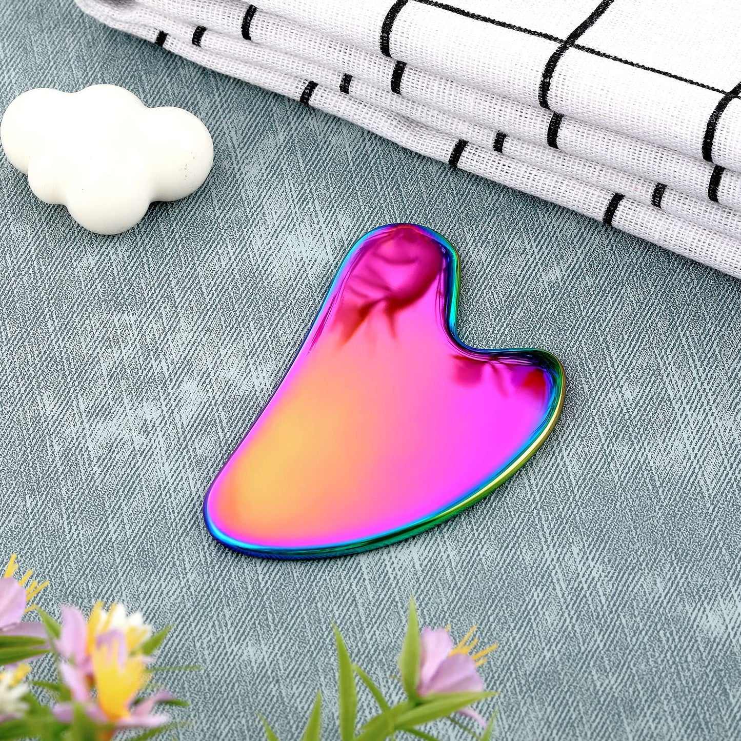Nuanchu Stainless Steel Gua Sha Facial Tools Lymphatic Drainage Massager Guasha for Face Metal Gua Sha Skin Self Care Gifts Face Sculpting Guasha for Body Eyes Jawline Shaper with Pouch(Rainbow Color)