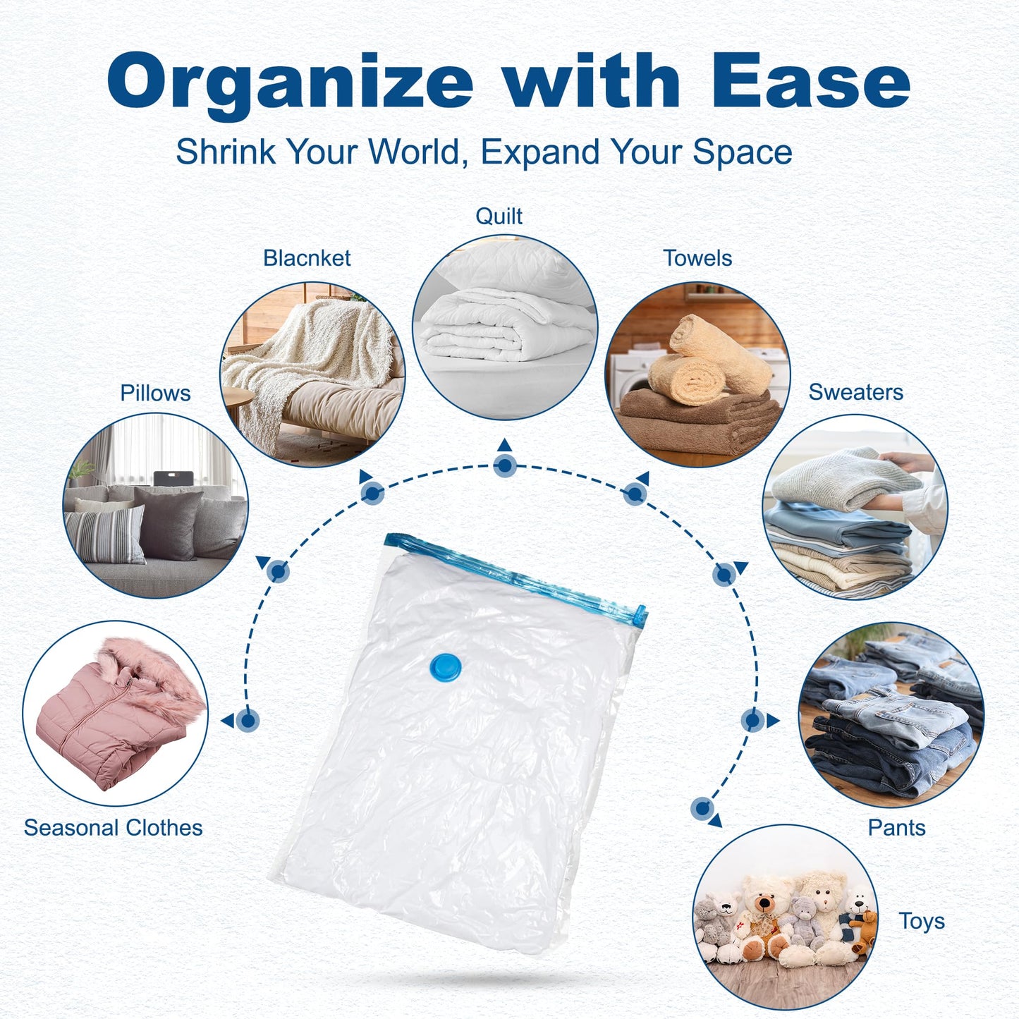 HOUSE DAY 18 Pack Vacuum Storage Bags with Electric Pump, Valve, Space Saver Vacuum Seal Bags for Clothing, Comforters, and Travel Essentials 3 Jumbo,3 Large,3 Medium,3 Small/3 Small,3 XS Roll Up Bag