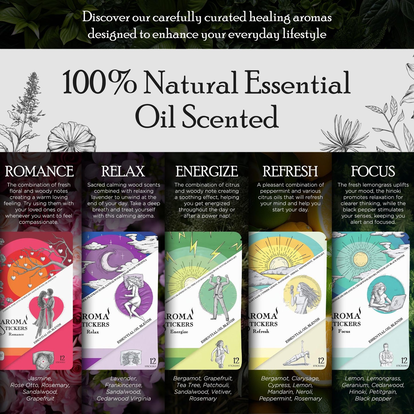 AROMA STICKERS® Original Blend Edition All in One - 100% Natural Essential Oil Scented - Aromatherapy Sticker Diffuser for Relaxation & Energy Boost (Pack of 5, 12 Stickers/Pack, 60 Stickers Total)