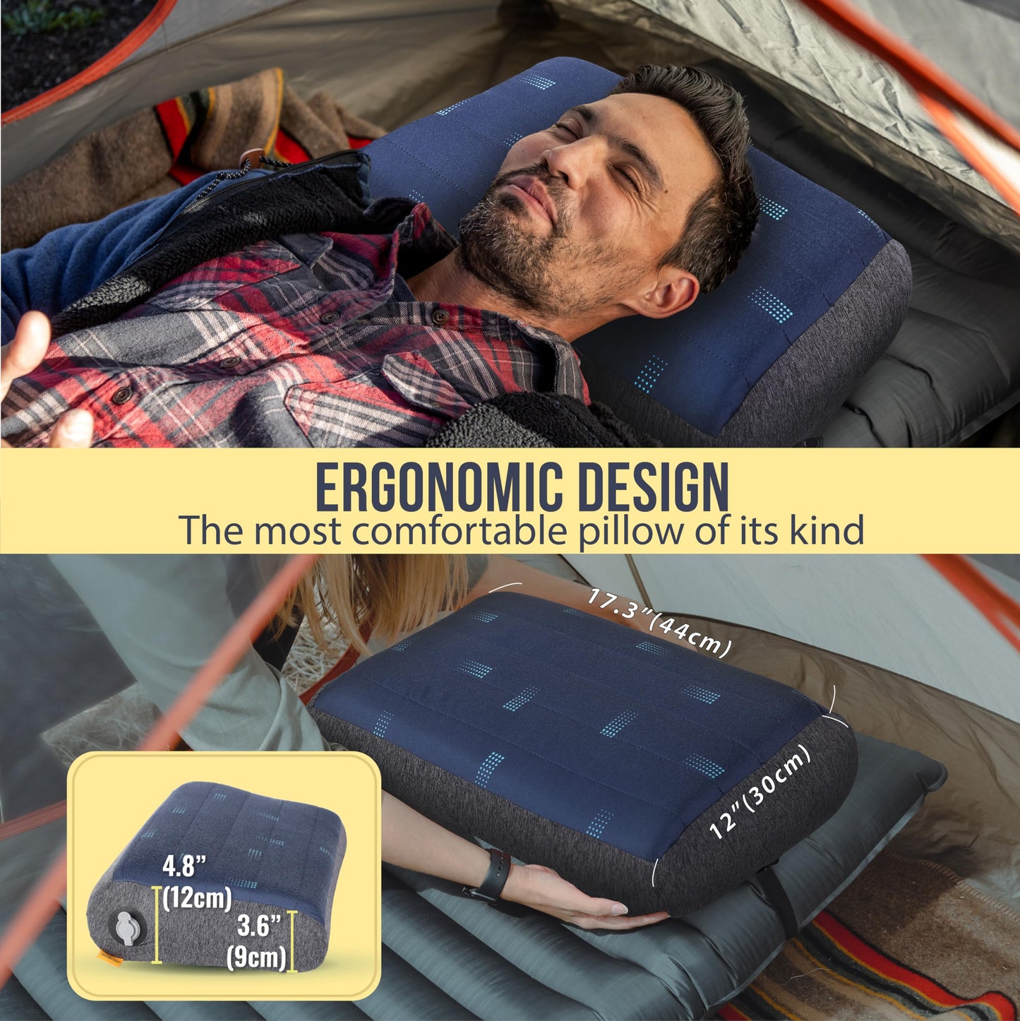 TREKOLOGY Premium Inflatable Camping Pillow with Removable Foam-Padded Case – Noise-Reducing, Ergonomic Design for Outdoor, Backpacking, and Air Travel ALUFT Pro (Blue)