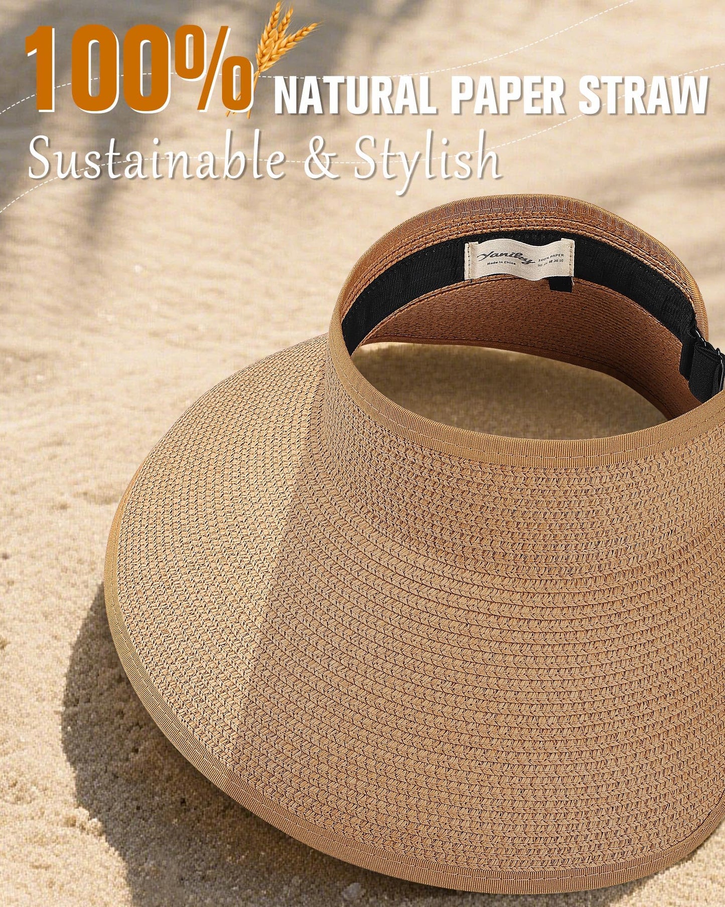 YANIKY Sun Visor Hat for Women, Wide Brim Straw Visors Beach Hat Roll Up Foldable Beach Visors Summer UV Protection (US, Alpha, One Size, Khaki)