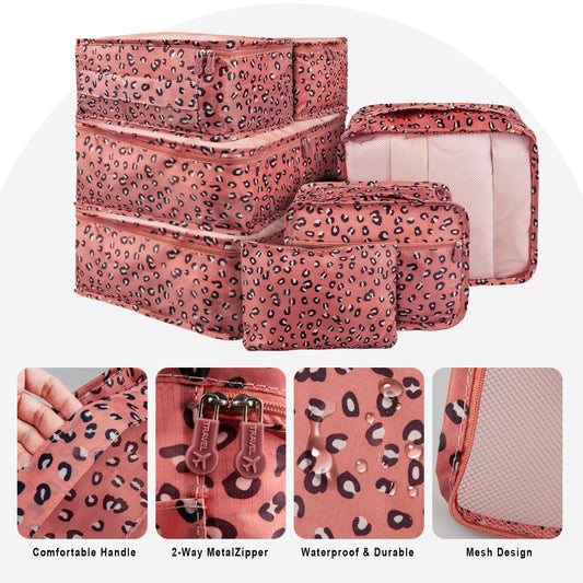 Vercord 7 Set Travel Packing Organizers Cubes Luggage Suitcase Organizer Bags Clothes Underwear Cube Shoe Pouch Pack Pink Leopard