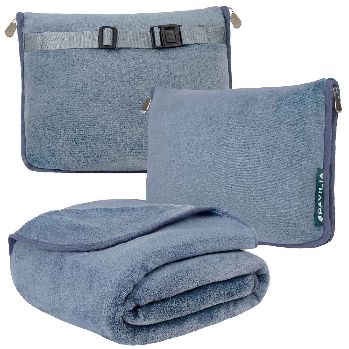 PAVILIA Travel Blanket Pillow, Soft Airplane Blanket 2-IN-1 Combo Set, Plane Blanket Compact Packable, Flight Essentials Car Pillow, Travelers Gift Accessories Luggage Backpack Strap, 60x43 Slate Blue