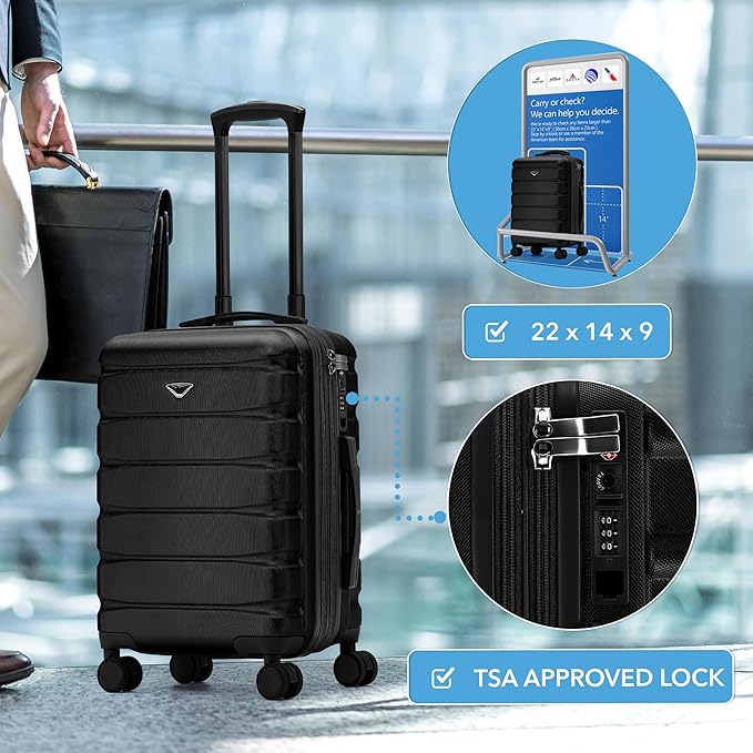 22x14x9" Expandable Carry On Suitcase Hardside TSA Lock USB C Port Lightweight Luggage Silent Double Spinner Wheels Maximum Overhead Carry-On Bag For American & United Approved Airlines