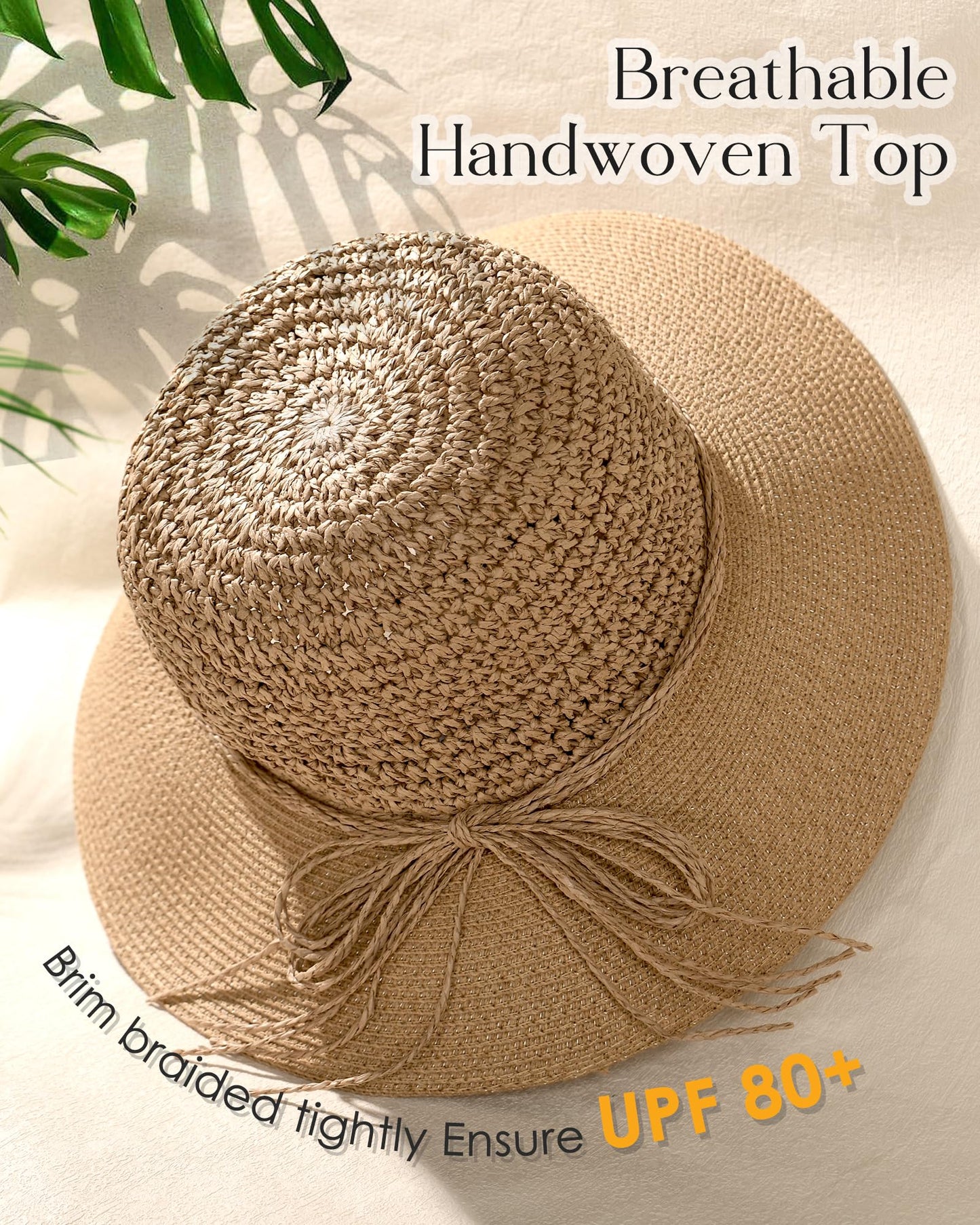 FURTALK Womens Summer Straw Beach Sun Hat Wide Brim Handmade Crochet Hats Khaki, Medium