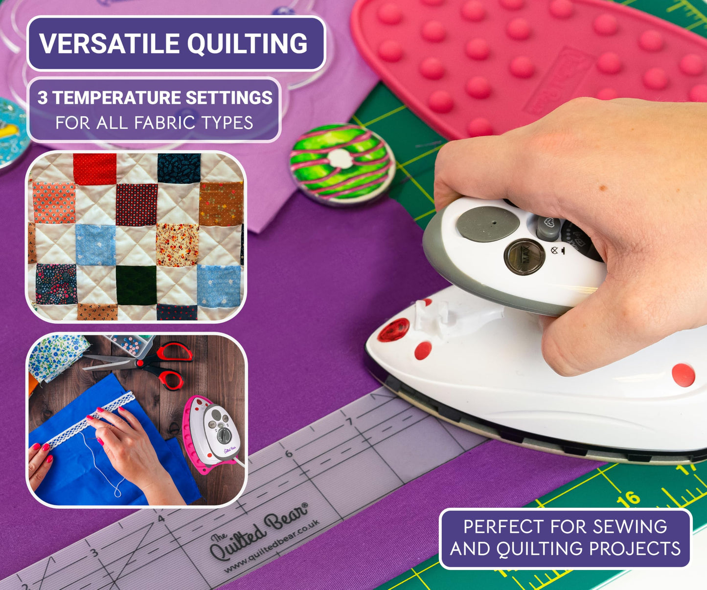 The Quilted Bear Mini Steam Iron - Lightweight Mini Travel Iron for Effortless Quilting & Wrinkle-Free Clothes with Hard Shell Case - Travel Steamer Craft Press for Clothes & Crafts (Black)