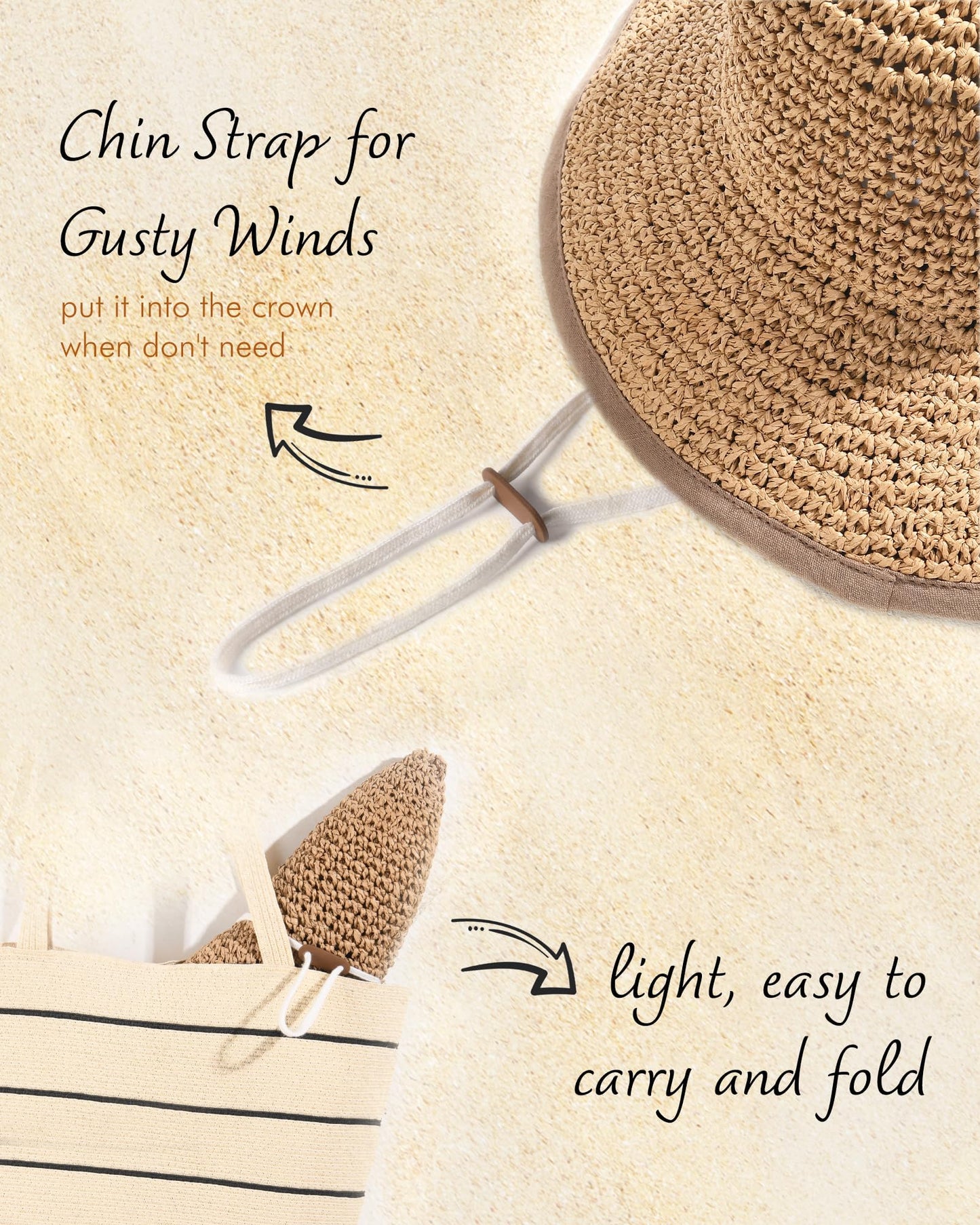 FURTALK Summer Straw Beach Sun Hats for Women UPF 50 Floppy Wide Brim Travel Bucket Hat Foldable Packable Khaki