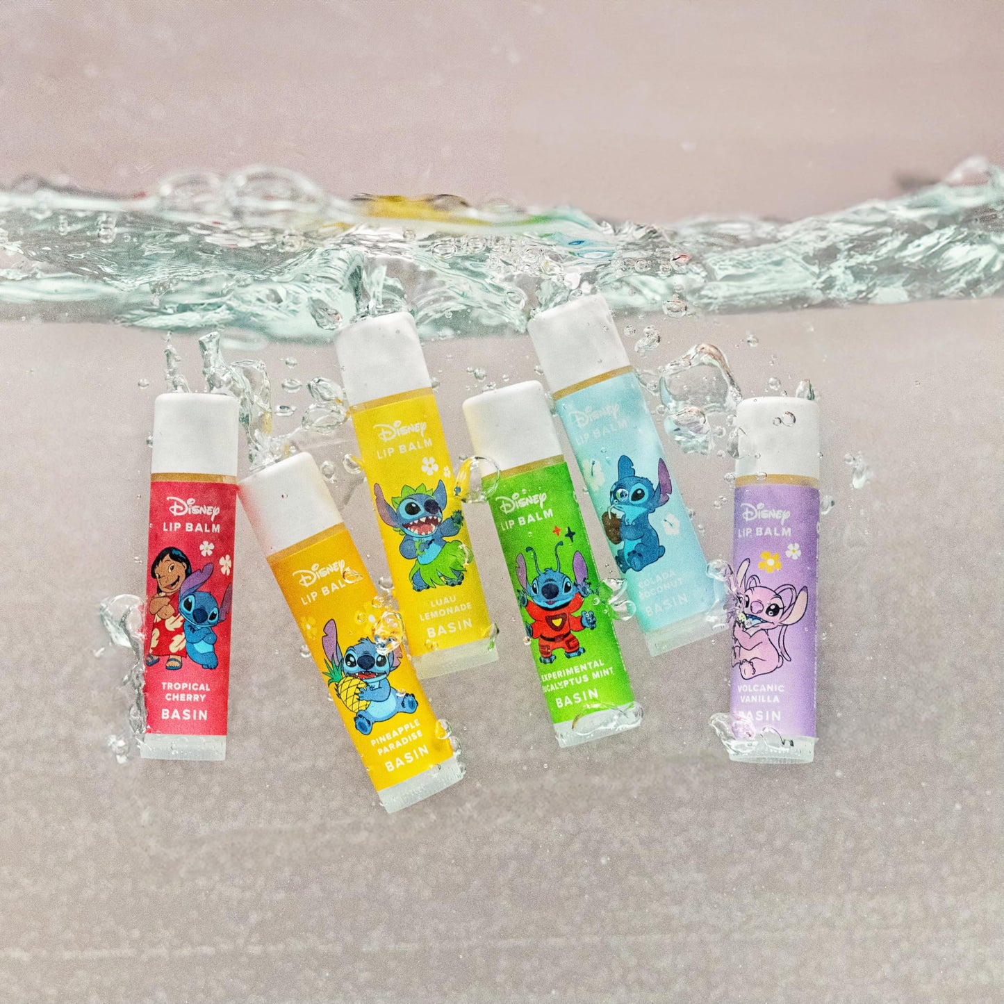 Basin Disney Stitch Lip Balm Collection | 6 Pack Tropical Flavors (Pineapple Paradise, Colada Coconut & More) | Organic Island-Inspired Gift Set, Official Disney, Made in USA