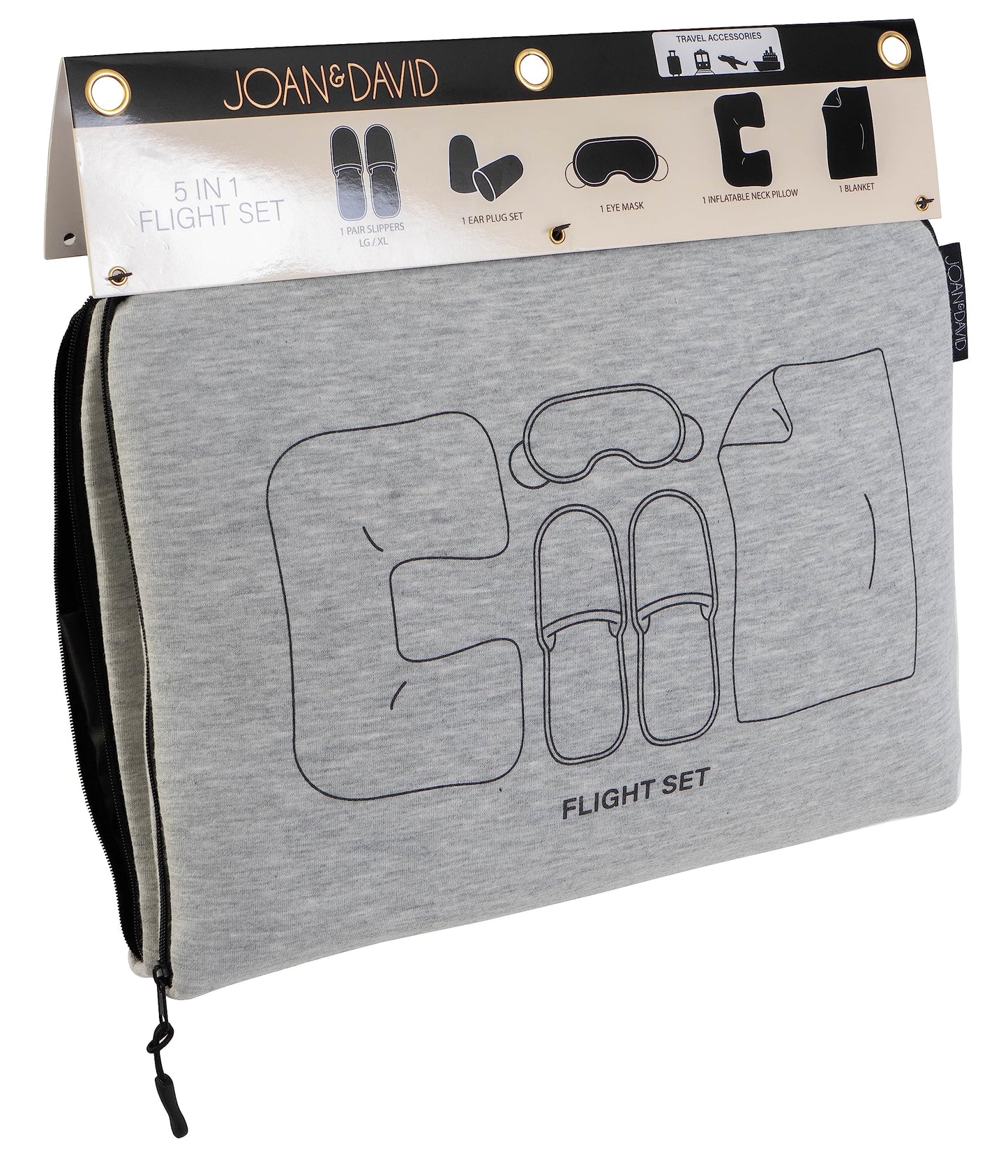 Joan & David 5 Piece Travel Kit Pouch With Blanket, Neck Pillow, Slippers, Eye Mask, Ear Plugs SIZE: SMALL/MEDIUM SLIPPERS (FITS MOST MEN/WOMENS SIZE 5-9 COLOR: GREY (JDP2442-024-GRY)