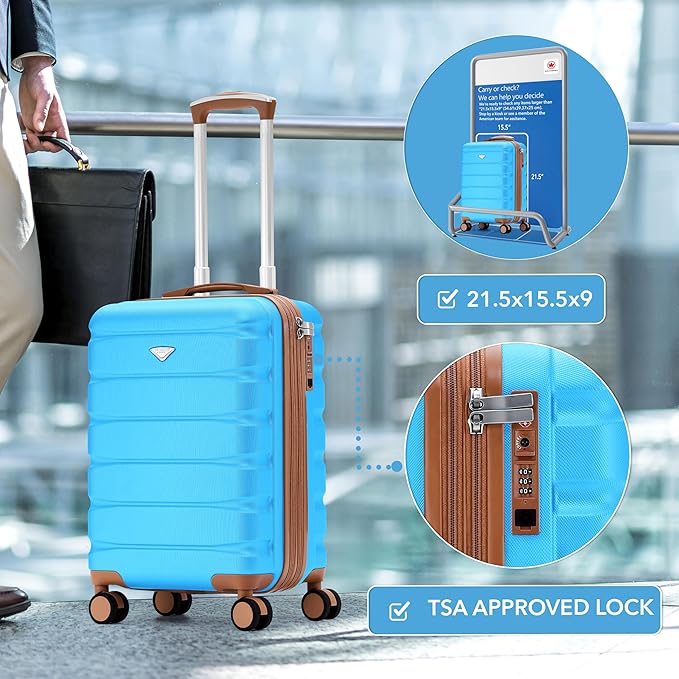 Carry On Suitcase Hardside TSA Lock & USB Port Silent Double Spinner Wheels Maximum Carry-On Bag For Canada Air Approved Airlines( 21.5x15.5x9" ,Turquoise/Tan )