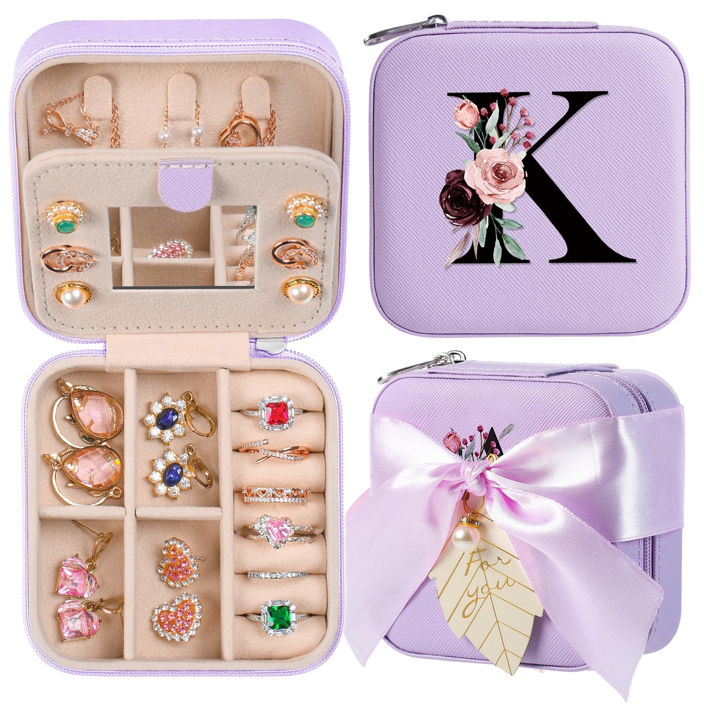 AYGXU Initial Travel Jewelry Case, Organizer, Small Box - Birthday, Graduation, Bridesmaid, Teacher Gifts for Women, Teen Girls - Essentials, Initial K