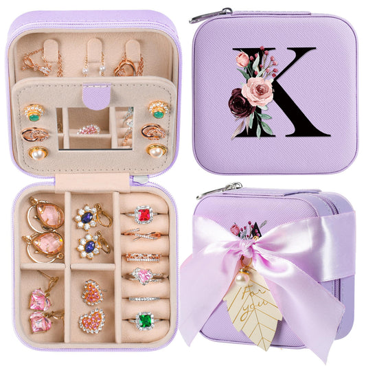 AYGXU Initial Travel Jewelry Case, Organizer, Small Box - Birthday, Graduation, Bridesmaid, Teacher Gifts for Women, Teen Girls - Essentials, Initial K