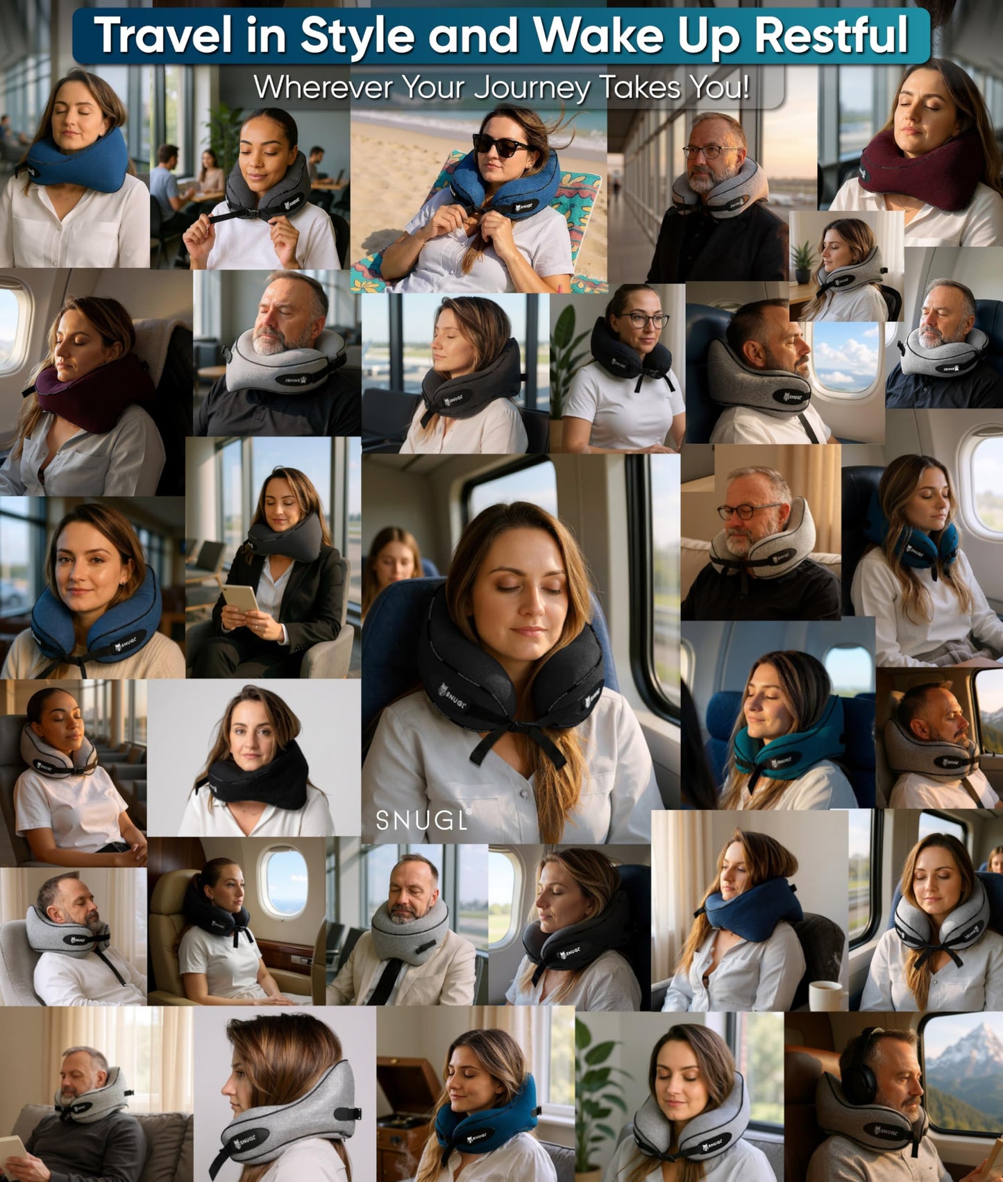 SNUGL Travel Pillow – Memory Foam Pillows - Airplane Neck Pillow with Carry Bag & Clip – Neck Support Travel Pillows - Airplane Essentials (Adult Regular - Black)