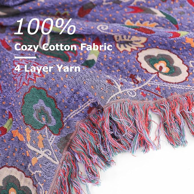 Boho Throw Blanket for Bed 100% Cotton Ultra Soft Rustic Quilt Farmhouse Decor Bed Fall Blankets,All Season Rustic Throw for Sofa Couch Chair (Flower-Purple, 90"×98")