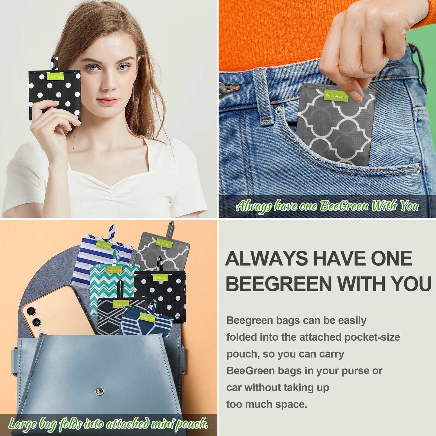 BeeGreen Grocery Bags | Reusable Gift Bags, Large Tote for Women & Foldable Beach Bag - 6 Pack Reusable Bag With Handles | Collapsible Cute Cloth Storage for Market, Holiday & Shopping | Washable