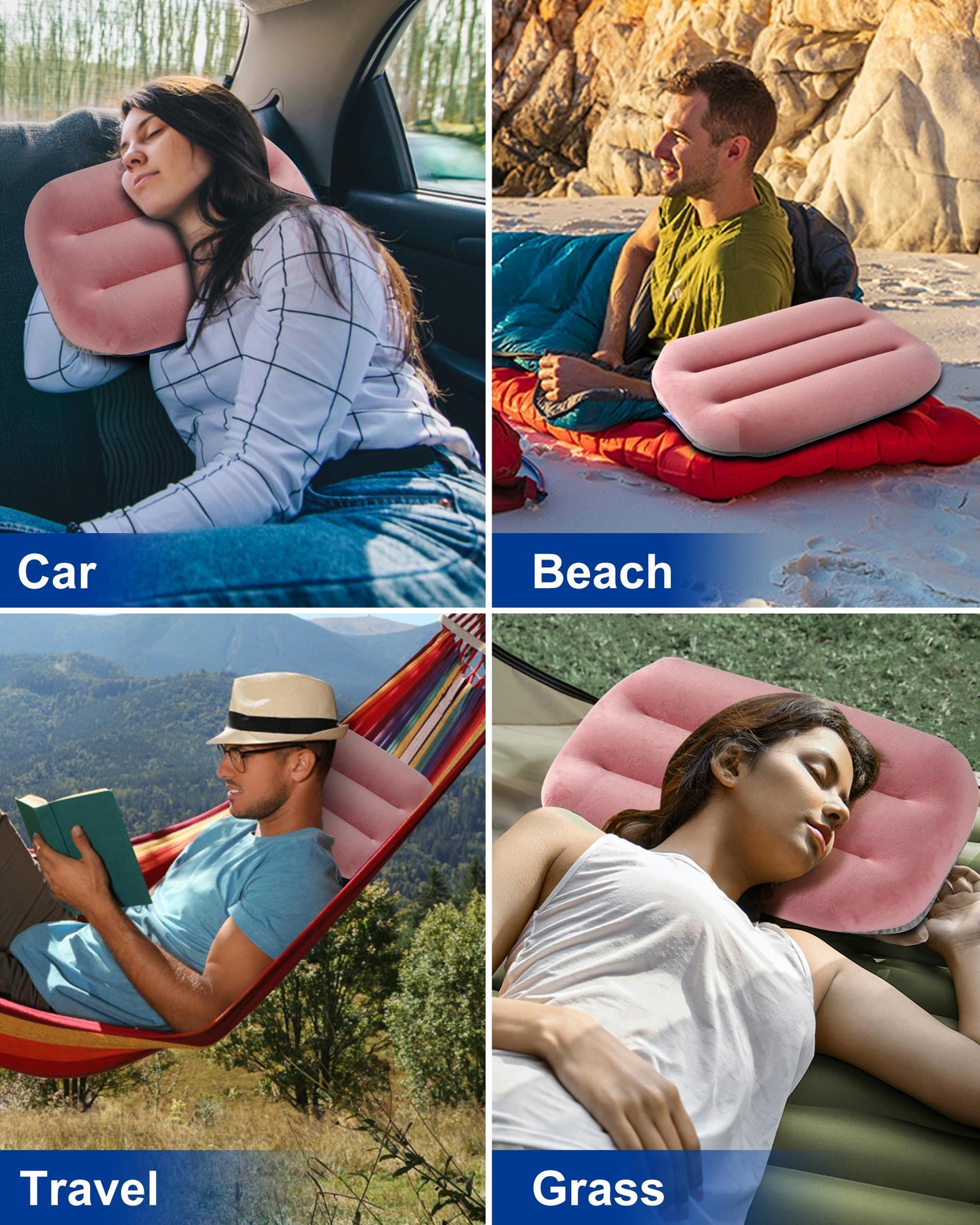 Kampair Ultralight Inflatable Camping Pillow for Sleeping – Soft Velvet Cover, Compact & Portable, Ergonomic Neck Support, Machine Washable Air Pillow, Perfect for Travel, Hiking, Backpacking – Pink