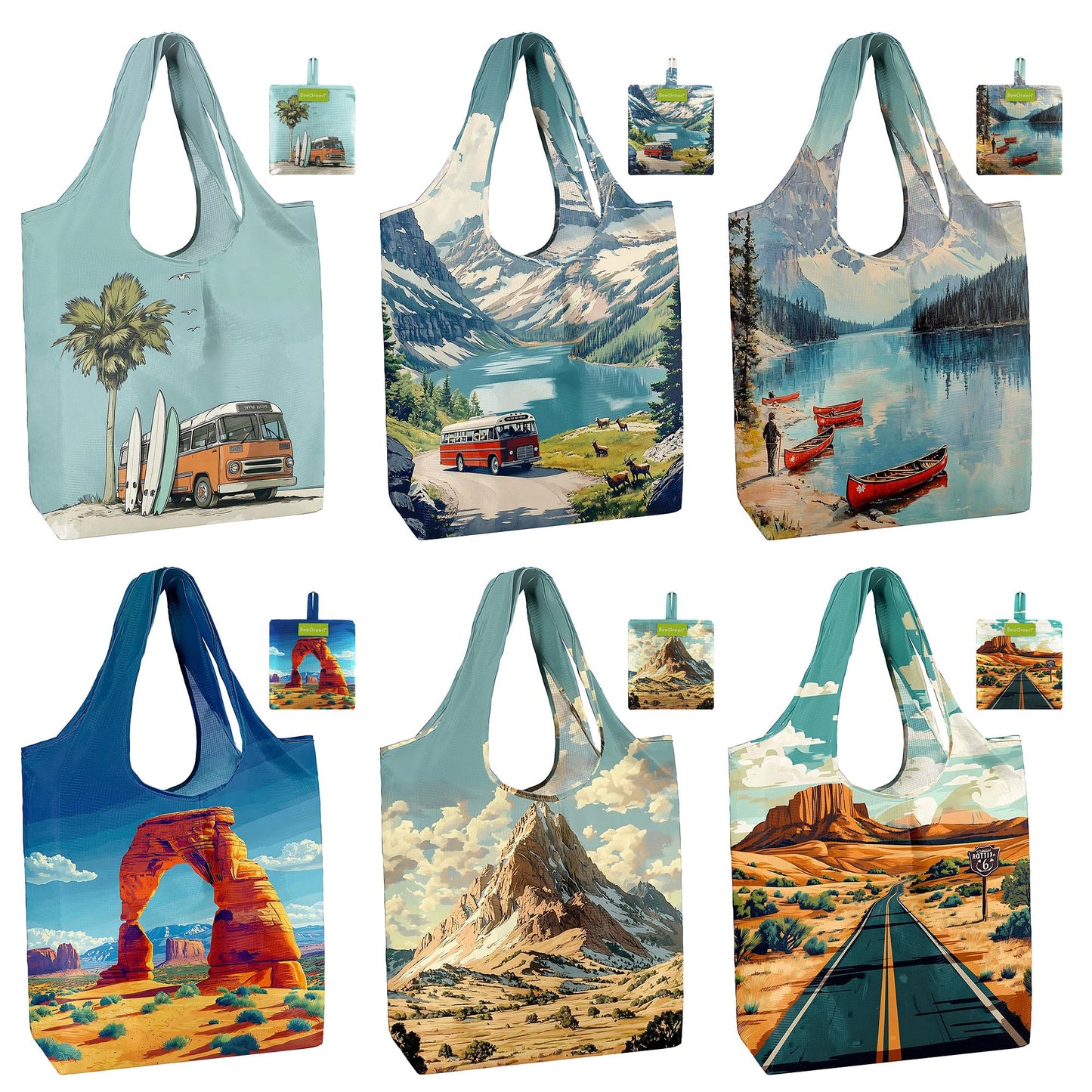 BeeGreen Reusable Grocery Bags 6 Pack, Heavy Duty Totes for Women, Foldable Grocery Bag Large Shopping Totes with Handles for Work, Travel, Gift, Store, Polyester Washable Reusable Tote Bag