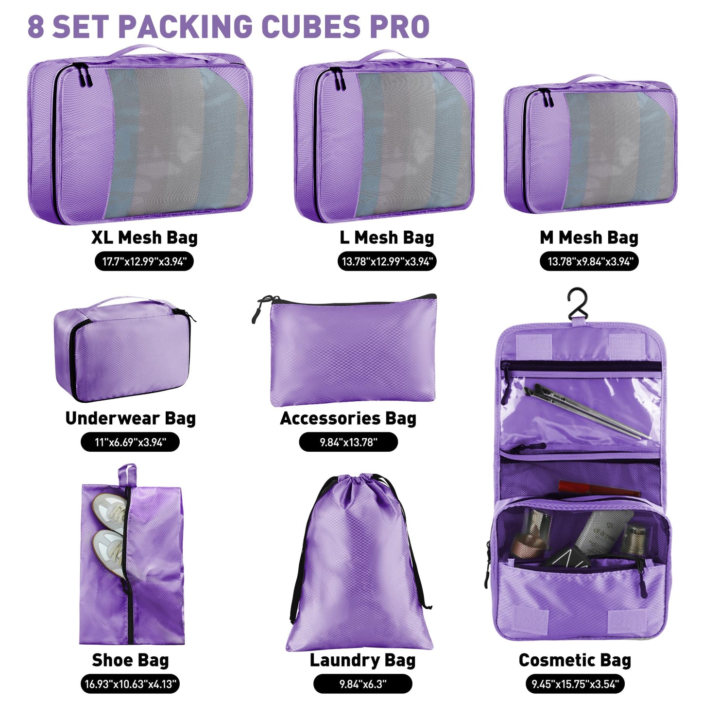 Toncoke 8-Piece Packing Cubes for Travel, Mesh Luggage Organizers with Shoe Bag, Toiletry Bag, Laundry Pouches, 4 Sizes (XL/L/M/S) for Suitcase Organization, Men Women Kids, Purple