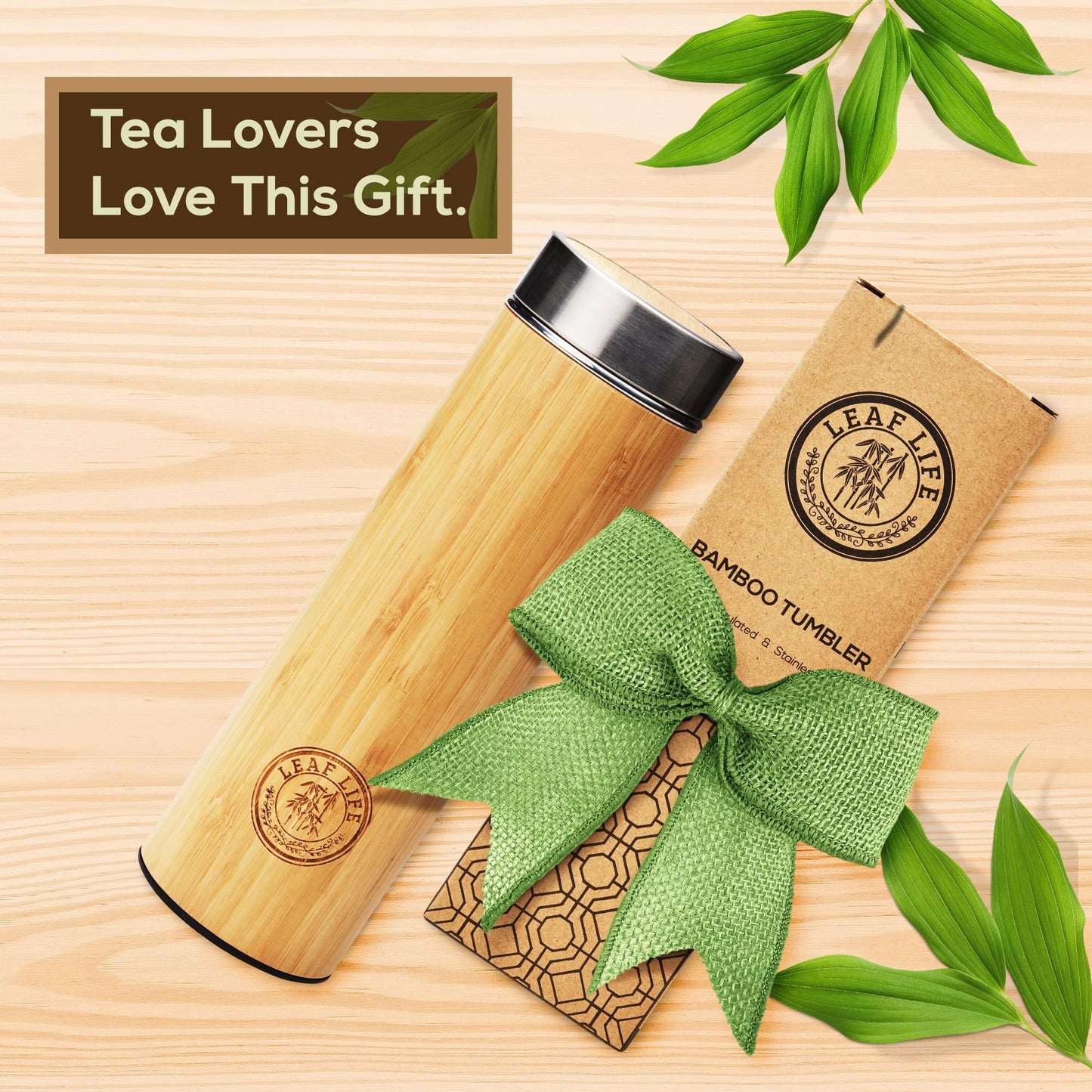 LeafLife Premium Bamboo Tea Bottle for Loose Tea - Tea Infuser Bottle - Tea Gifts - Insulated Water Bottle/Coffee Tumbler/Tea - Tea Gift Set, Tea Accessories - Tea Tumbler 17oz