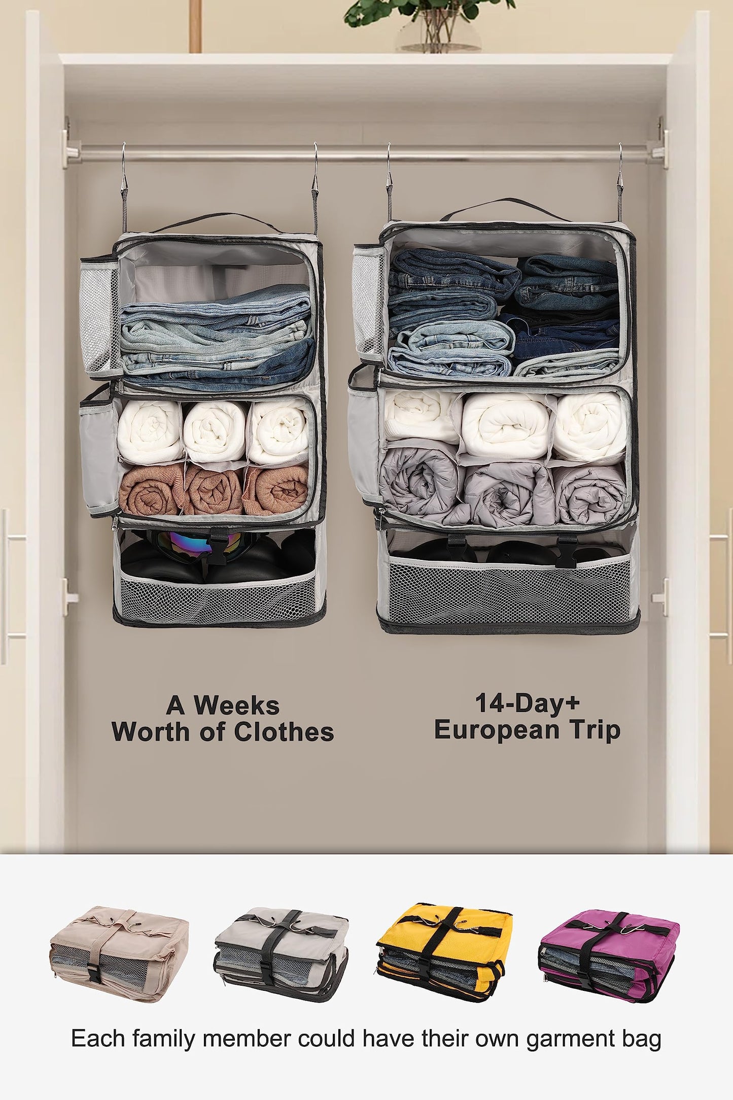 ELEZAY Hanging Packing Cubes Portable Closet 3-Shelf Travel Collapsible Compression Garment Organizer for Carry-on Luggage Suitcase Space Saver Bag X-Large_No Side Pockets, Lightgrey