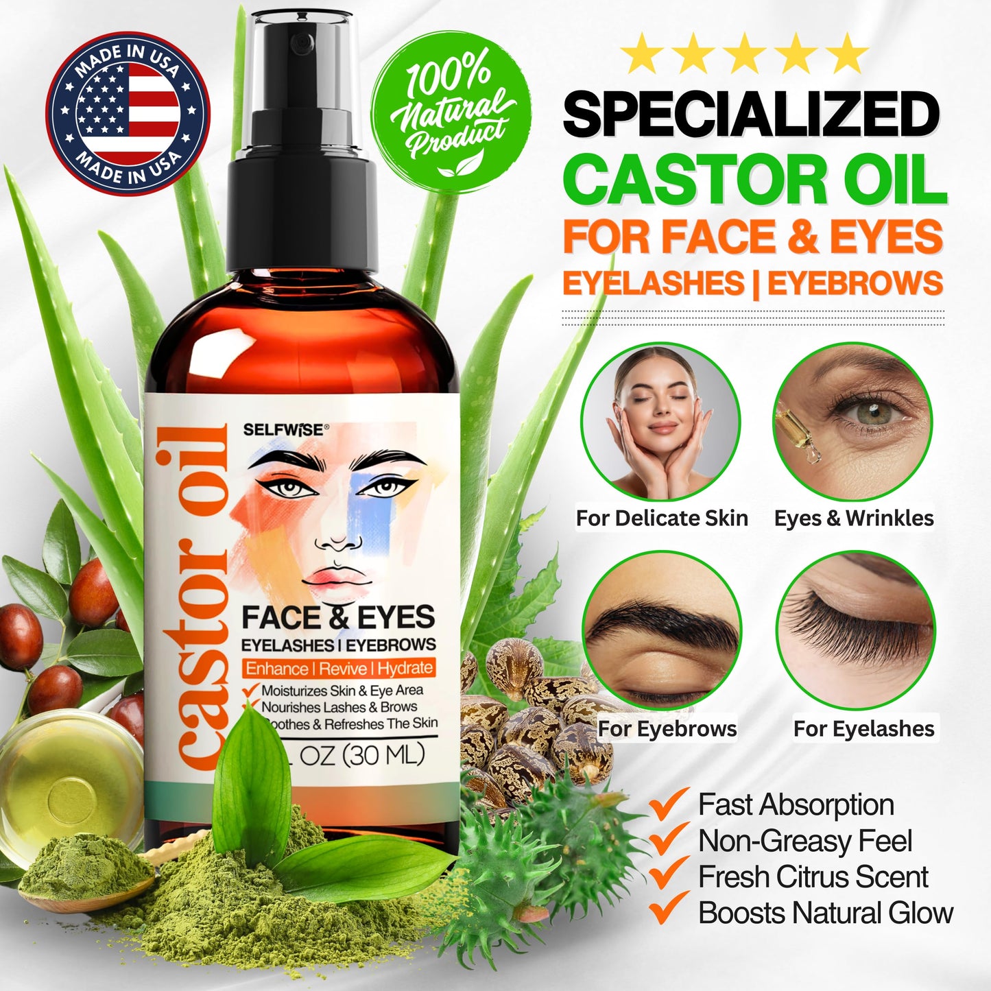 SELFWISE Organic Castor Oil For Face Moisturizer, Eyes, Eyelashes, Eyebrows, Wrinkles with Jojoba, Rosehip, Grapeseed, Squalane, Palmarosa, Bergamot and Vitamin E for Gentle Skin, Men & Women 1oz