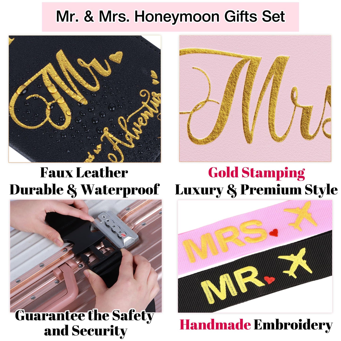 Mr and Mrs Luggage Straps for Suitcases with Matching Passport Holders, Honeymoon Wedding Travel Gift Set for Couples, Bridal Shower Gifts, Newlyweds, Bride, Valentine's Day (Black & Pink)